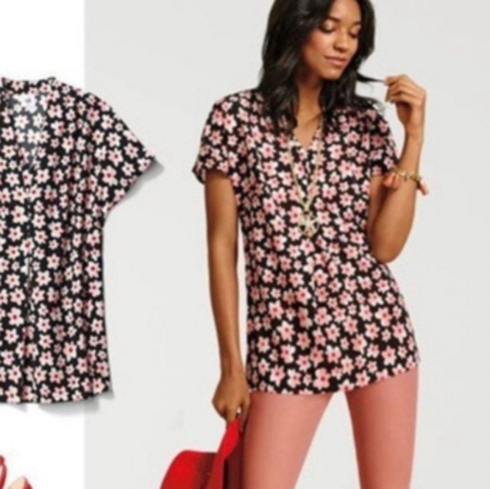 CAbi Black and Pink Floral Blouse